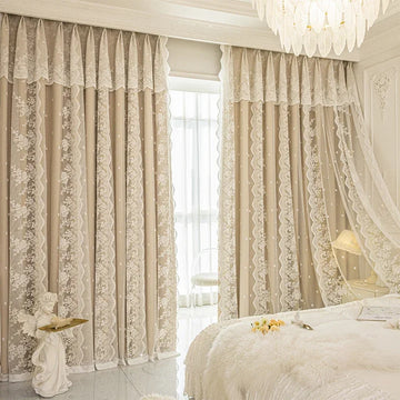 rideau occultant beige broderie florale dentelle élégant classique salon chambre