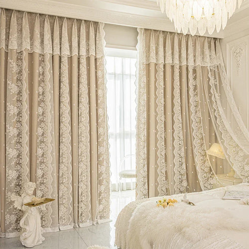 rideau occultant beige broderie florale dentelle élégant classique salon chambre
