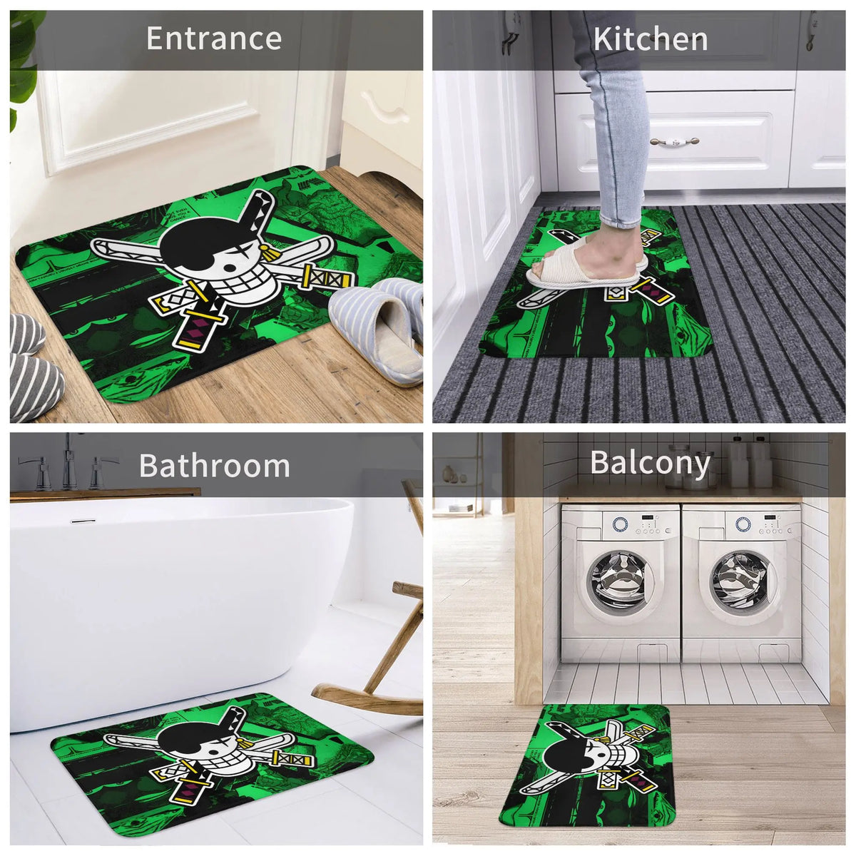 tapis sol antidérapant one piece zoro épées croisées moderne vert noir blanc