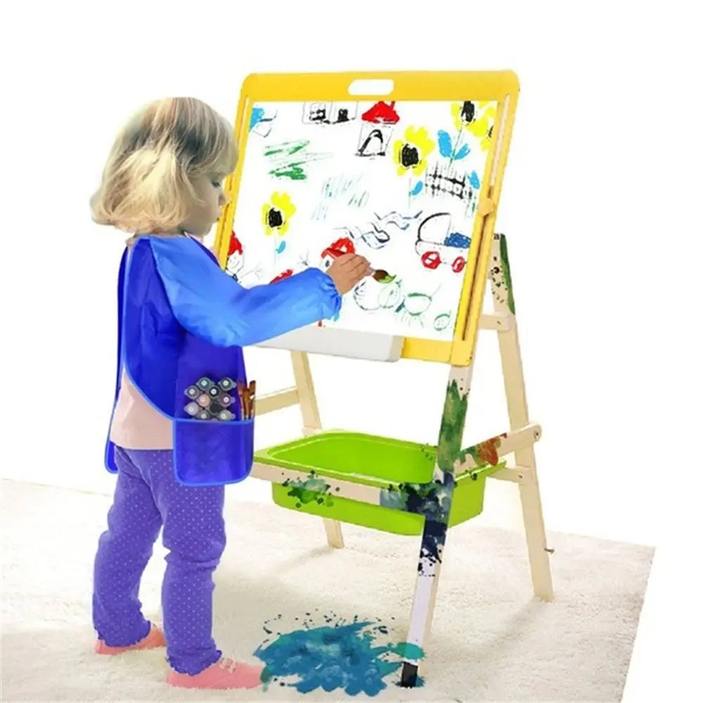 tablier peinture imperméable enfant pinceaux jaune bleu rose poche élastique pratique