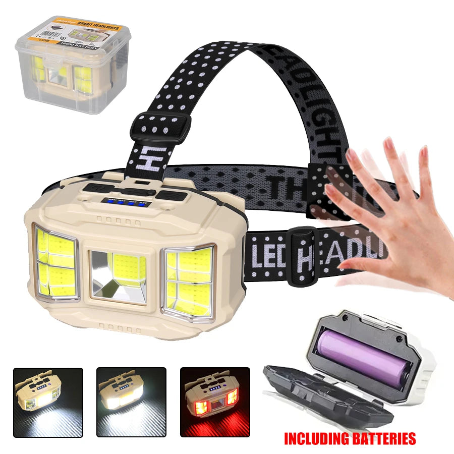 lampe frontale led beige noir rayures ajustable mode camping pêche charge usb type
