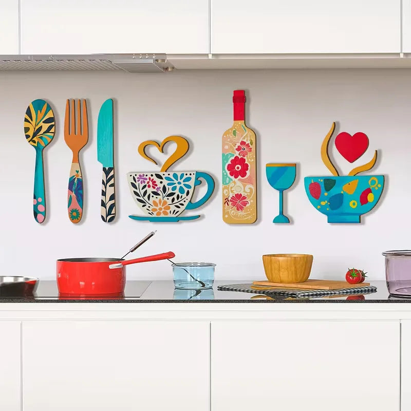 décoration murale bois ustensiles vaisselle fourchette cuillère tasse verre rustique chambre cuisine