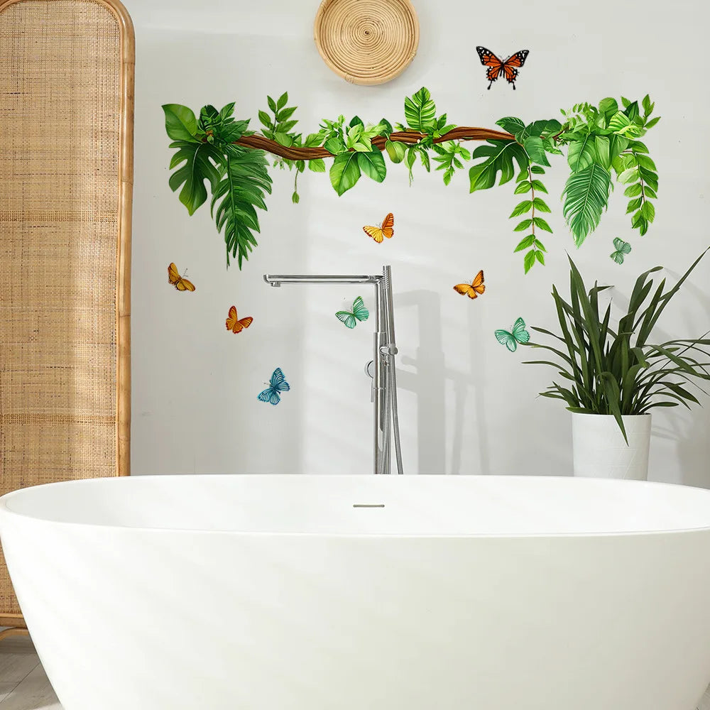 sticker mural papillons feuilles tropicales verte naturelle décoration salon salle bains moderne adhésif auto