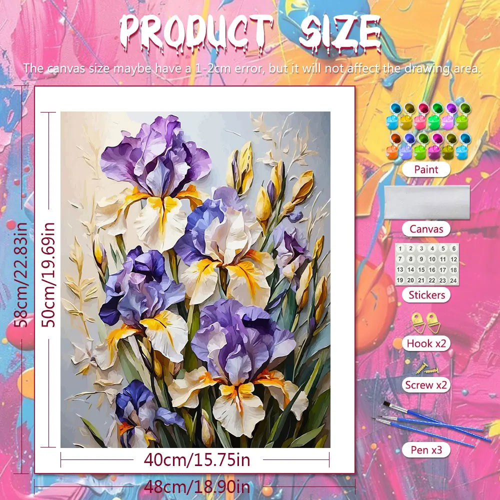 toile peinte fleurs iris diy kit débutants adultes coloriage numérique reliefs stress 50x40cm