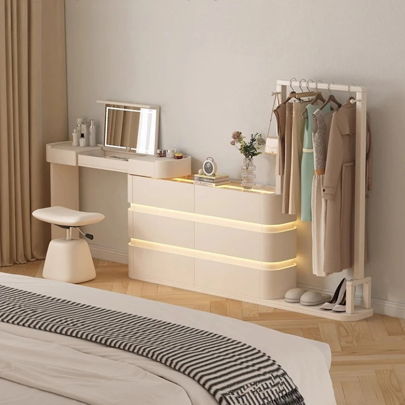 coiffeuse bois moderne beige miroir tiroirs tabouret étagère rangement chambre coucher