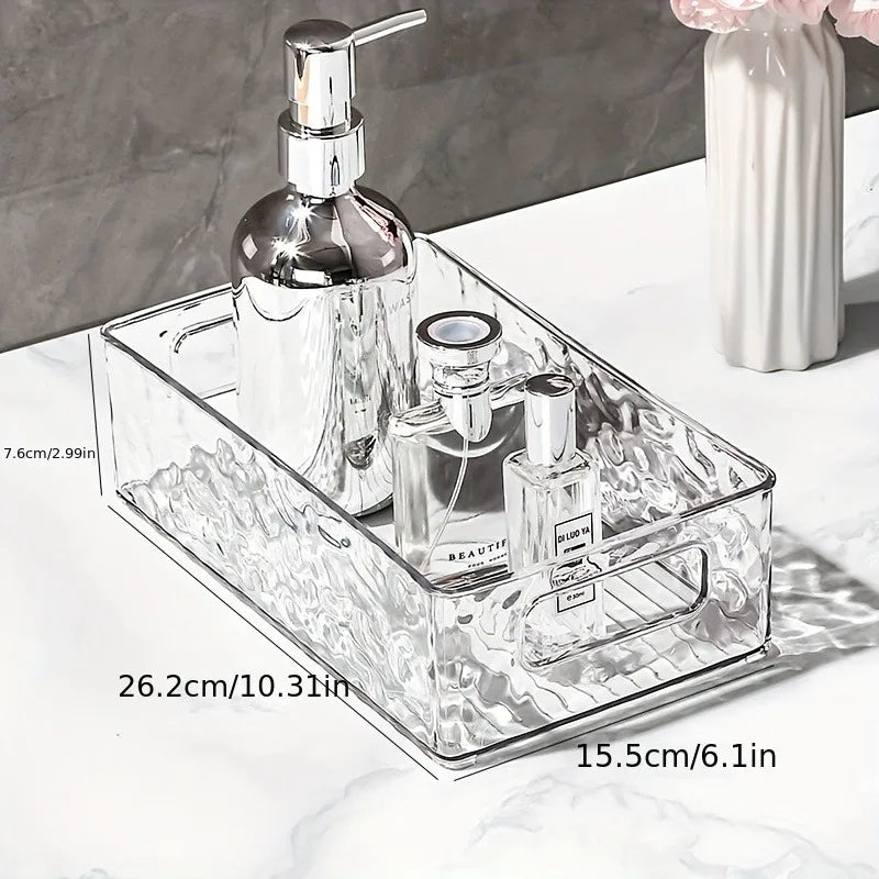 bac rangement transparent texture ondulée moderne salle bain contenant parfum lotion brosse dents crème