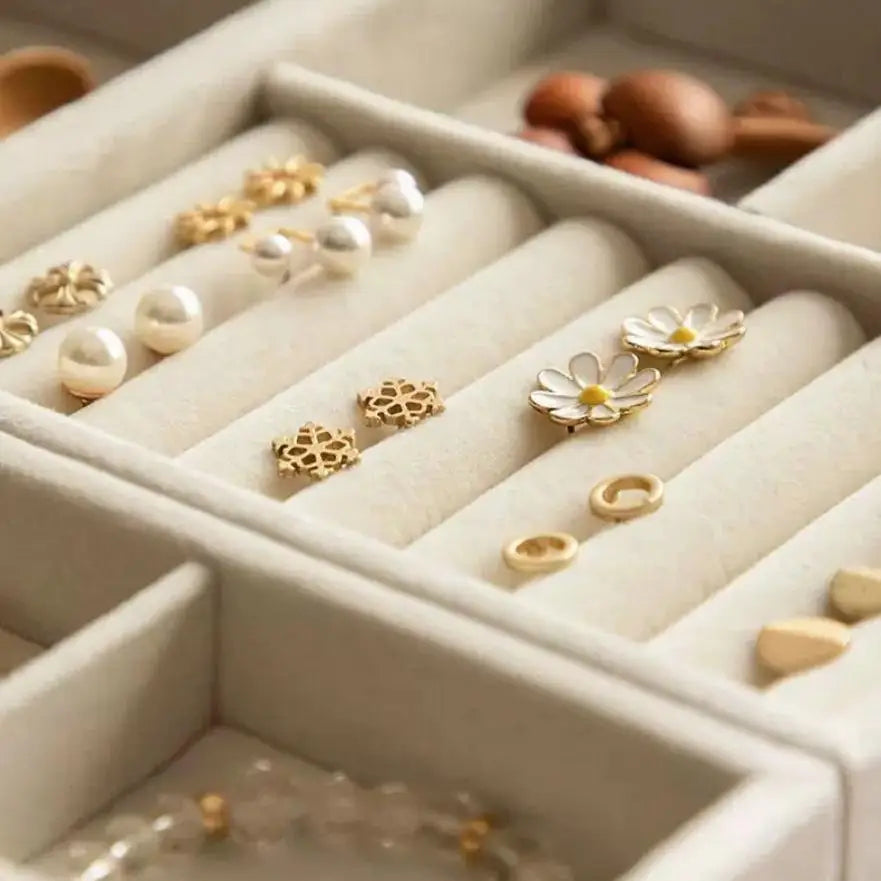 boîte bijoux velours beige clair moderne rangement boucles d'oreilles bagues colliers porte broche transporte