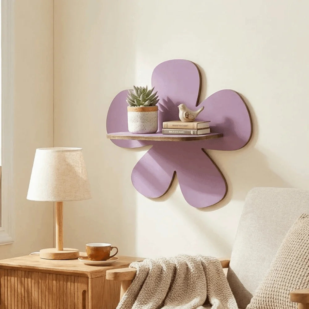 étagère murale bois fleur rose violette moderne adhésive plantes objets deco chambre enfants