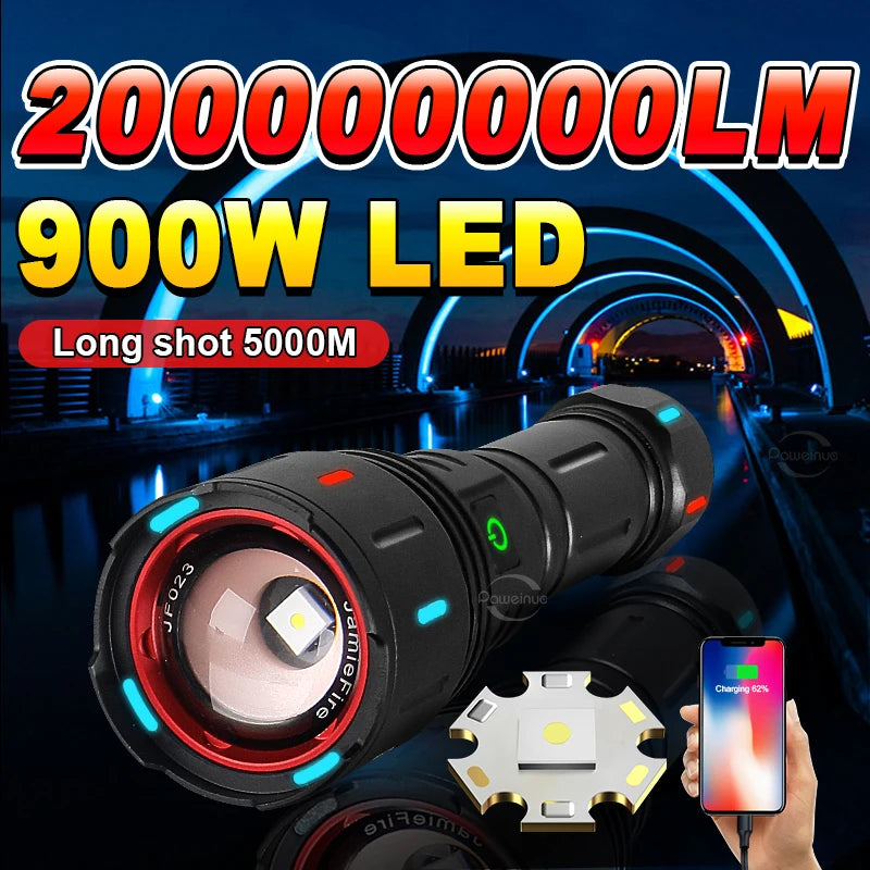 lampe torche led rechargeable usb zoomable 500mètres portée longue banque alimentation auto défense moderne
