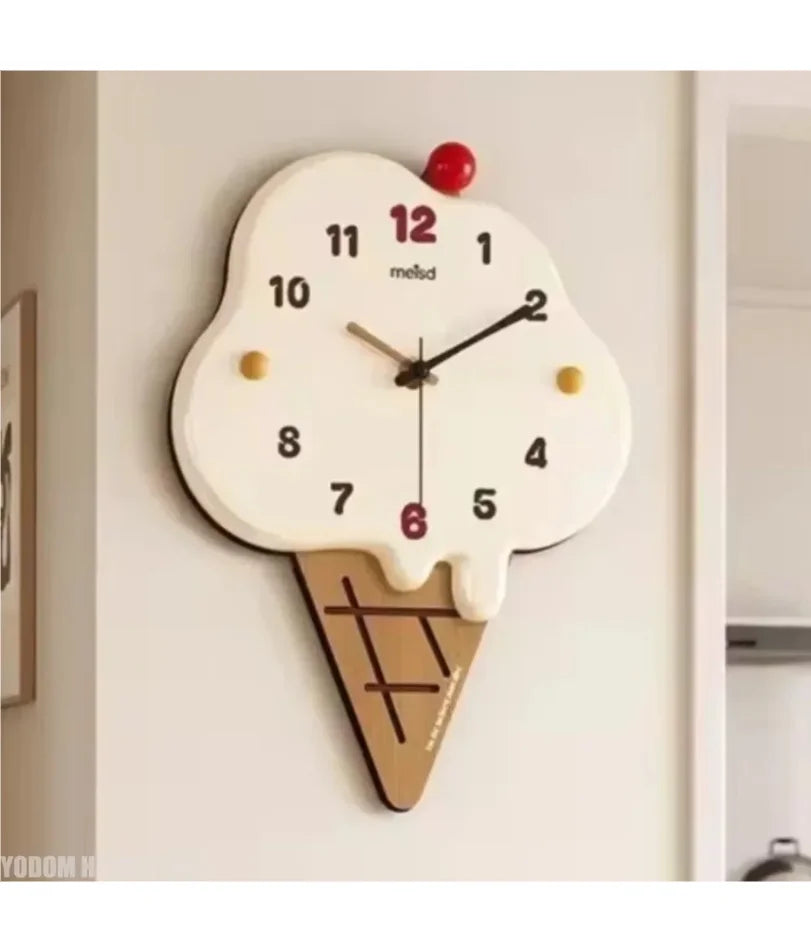 horloge murale moderne créative blanc jaune rouge noir glace crème chiffres pointeurs