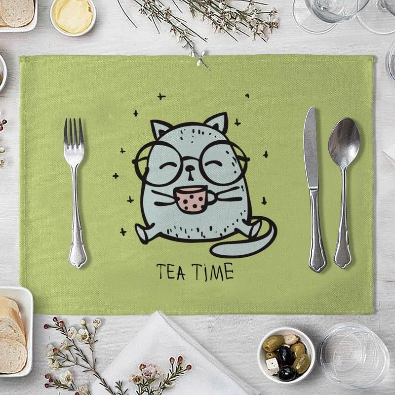 tapis table rectangulaire lin beige motif renard ours fleurs enfant cuisine