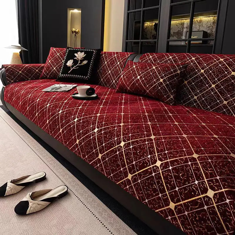 housses canapé moderne marron rouge noir gris motif géométrique doré extérieur intérieur