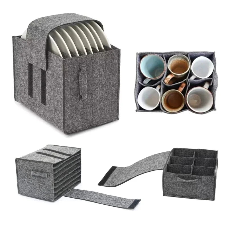 organisateur vaisselle pliable feutre gris velcro moderne rangement camping cuisine portable compact