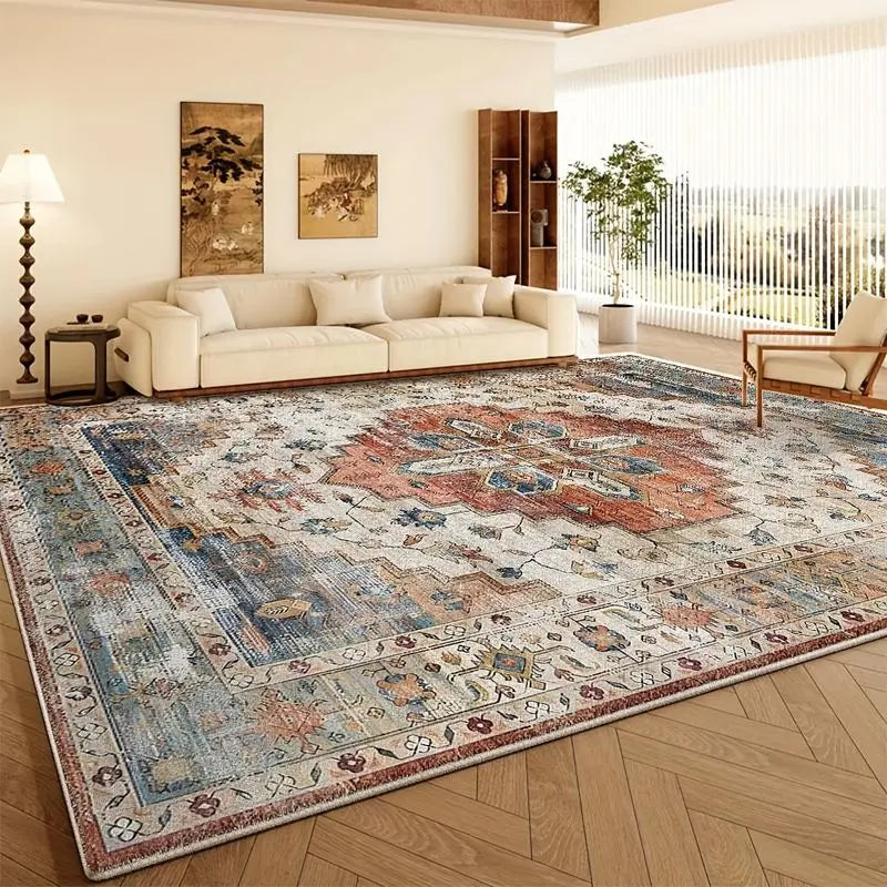 tapis bohème vintage bleu beige rouge ornements floraux bordure ornée antidérapant facile entretien