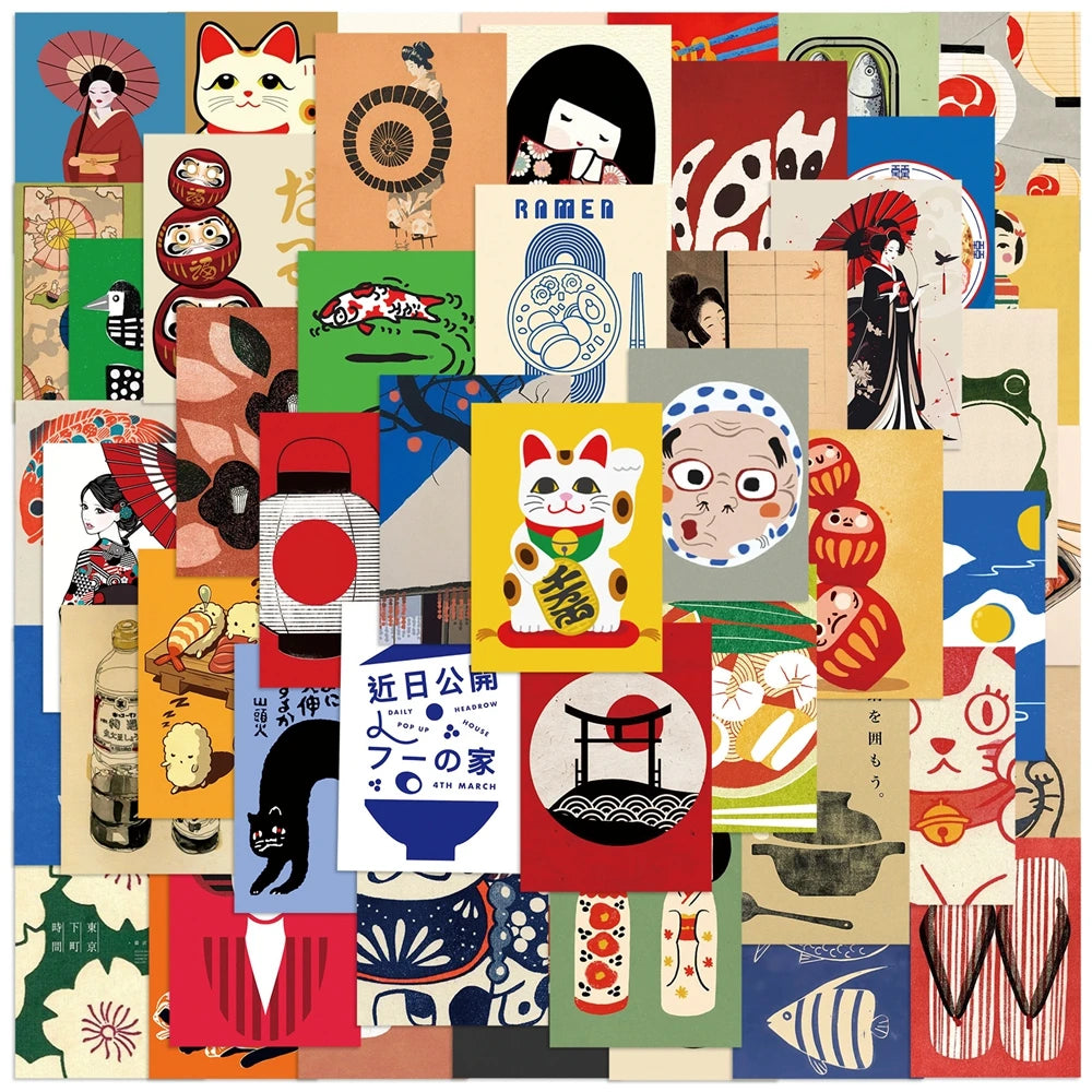 autocollants japonais traditionnels motifs maneki neko geisha poissons adhésifs décoration murale opaque illustrator 50