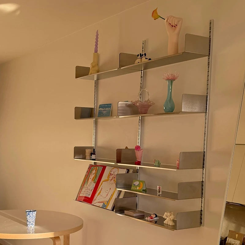 étagère murale modulaire acier inoxydable gris moderne livres cadres vases bougies
