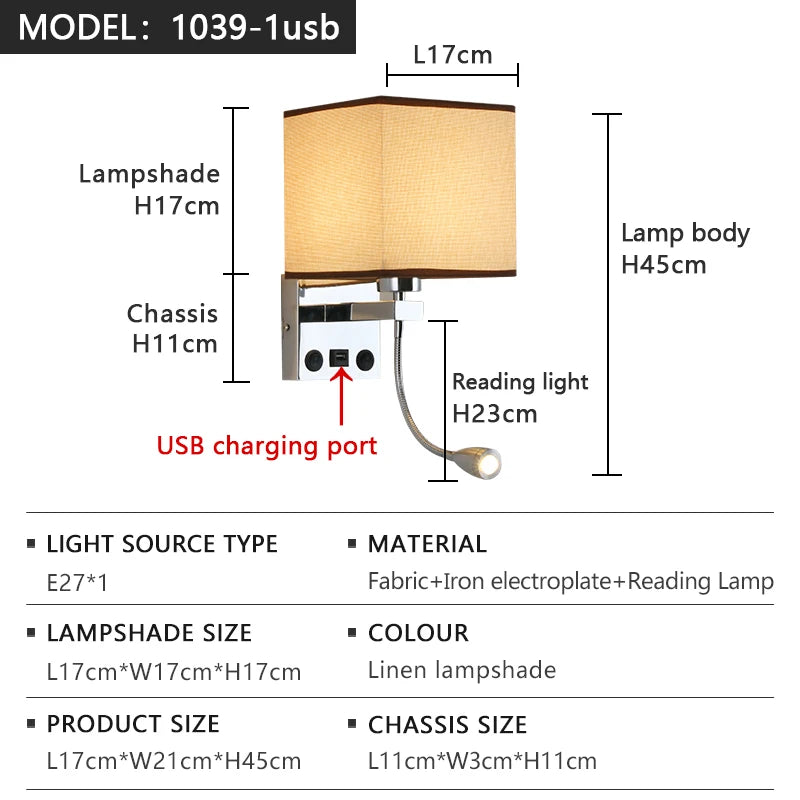 lampe murale moderne led usb interrupteur tissu blanc beige noir