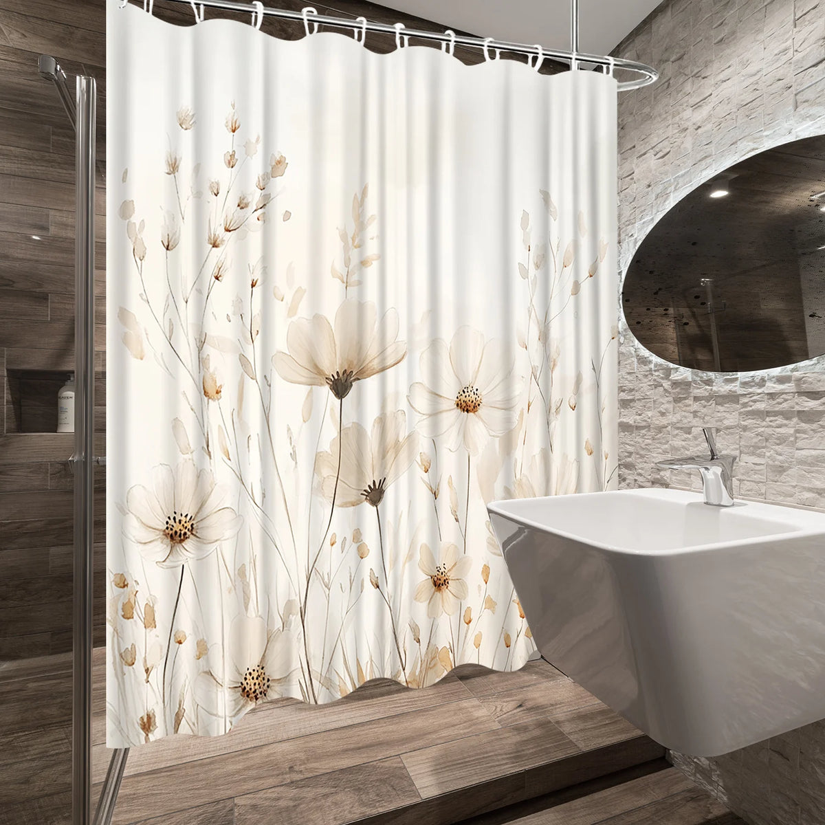 rideau douche moderne floral polyester blanc beige anneaux métalliques opaques grande taille machine laver