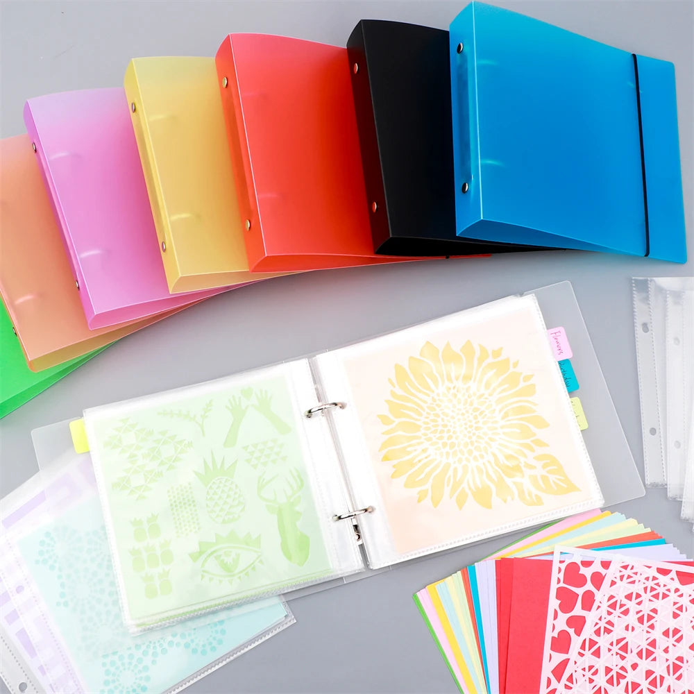 organisateur pochoirs scrapbooking portfolios anneaux couleurs motifs floraux géométriques feuilles transparentes étiquettes autocollantes pochettes