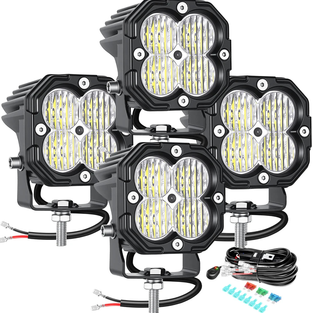 feux travail led 30w noir orange quadrillé combo spot flood vtt suv moto