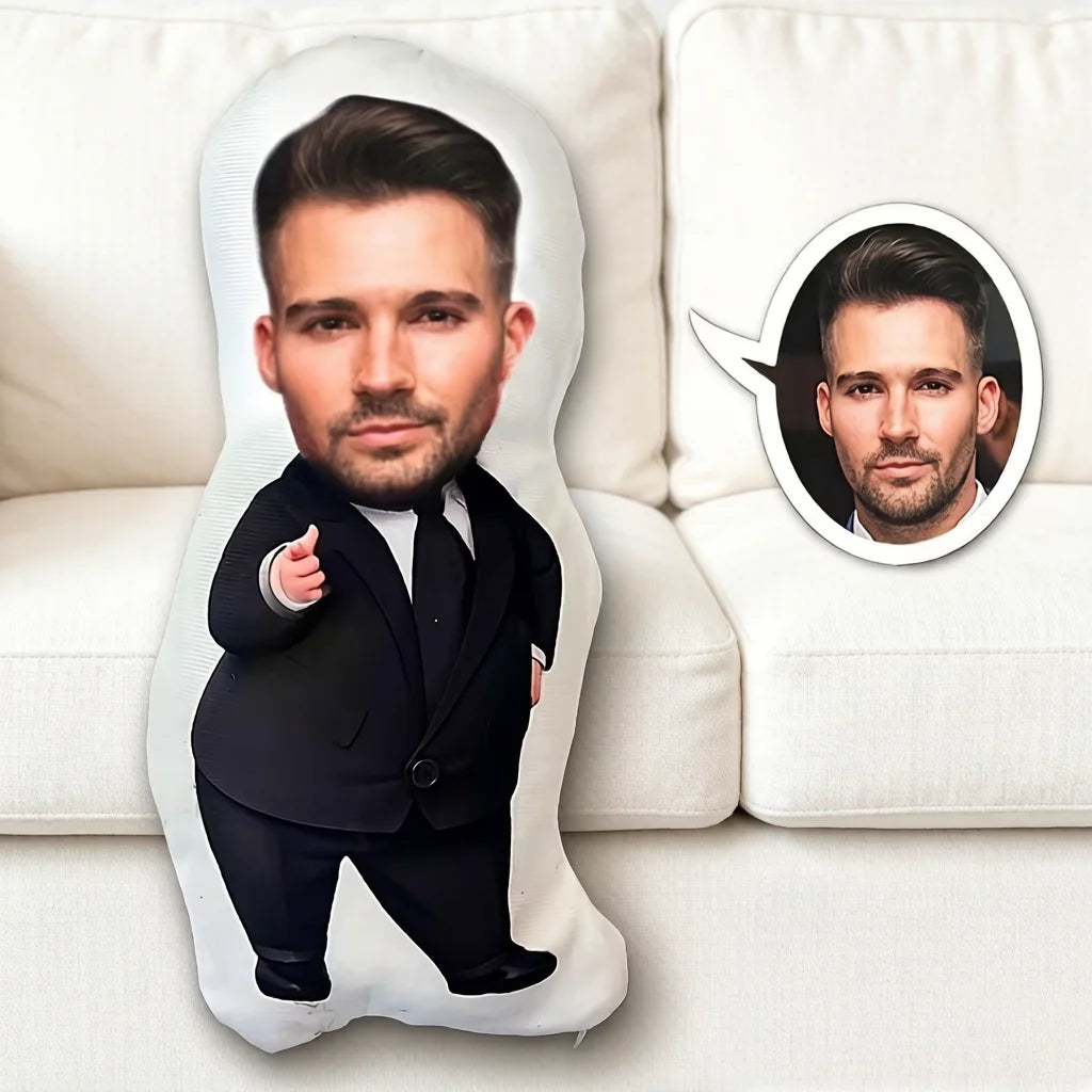 coussin personnalisé imprimé photo personne costume blanc noir créatif
