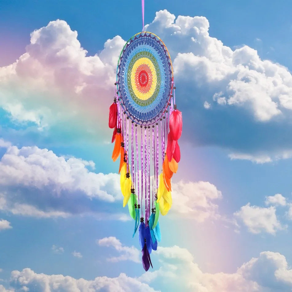 attrape rêves bohème multicolore plumes crocheté tringle décoration chambre salon