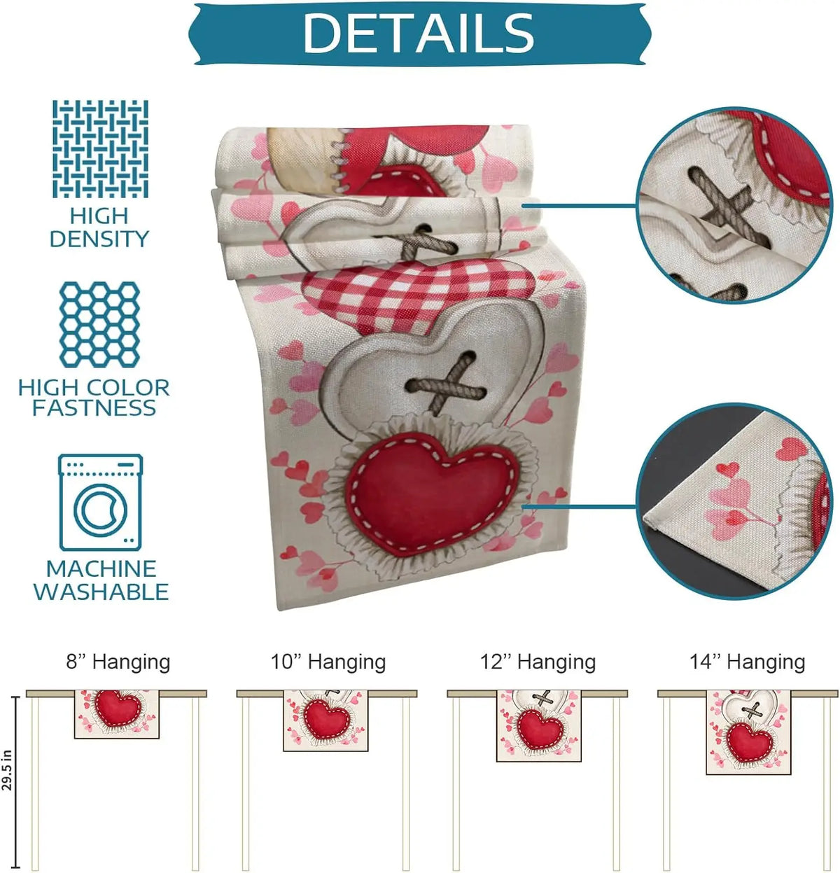 Cette image présente un sac de lavage en textile imprimé de motifs de cœurs rouges, de grille et de fleurs. Le sac est disponible en différentes tailles allant de 8 à 14 pouces de hauteur. Il est conçu pour être lavé en machine et offre une haute densité ainsi qu'un rendu des couleurs éclatant.