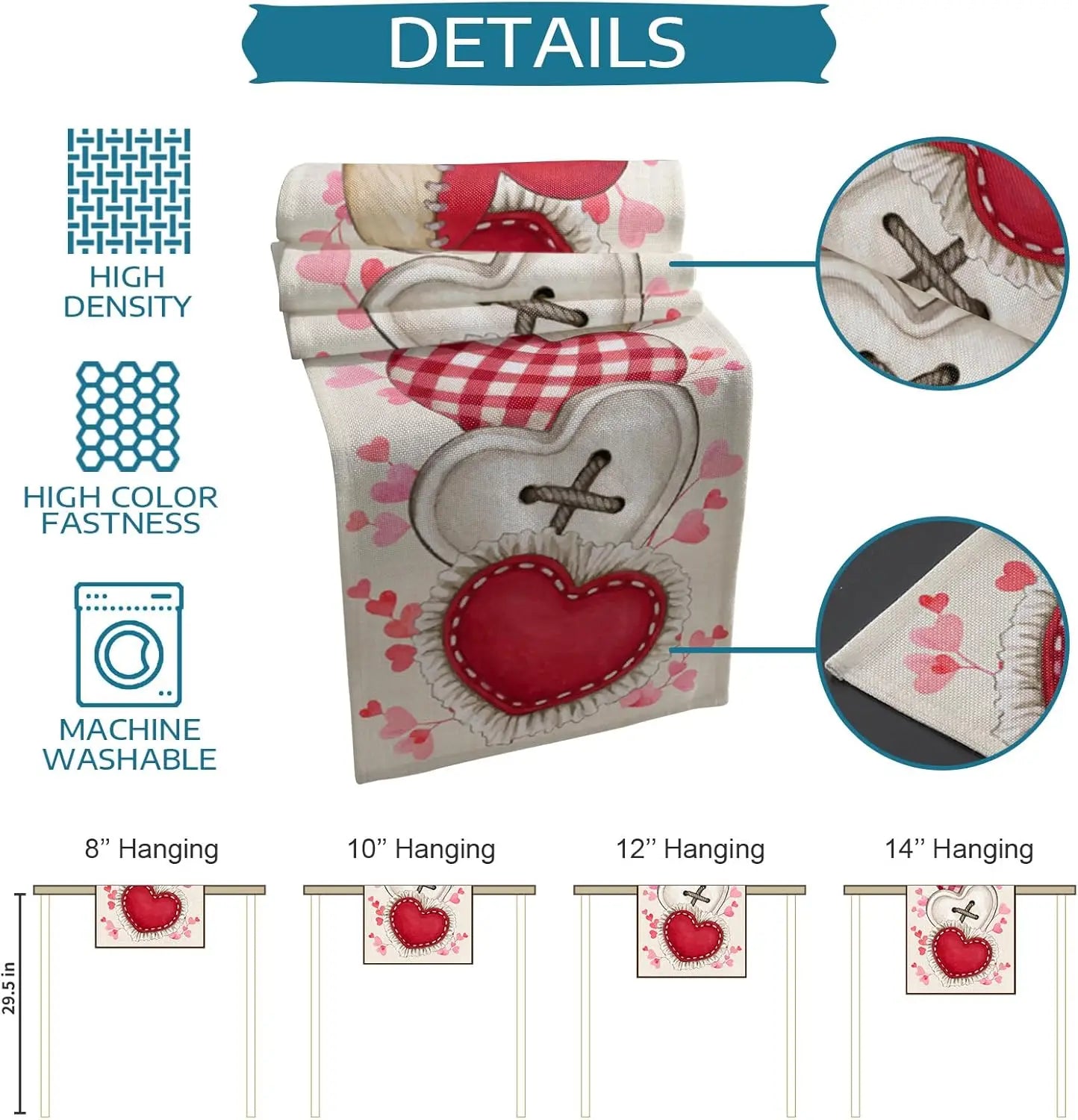 Cette image présente un sac de lavage en textile imprimé de motifs de cœurs rouges, de grille et de fleurs. Le sac est disponible en différentes tailles allant de 8 à 14 pouces de hauteur. Il est conçu pour être lavé en machine et offre une haute densité ainsi qu'un rendu des couleurs éclatant.