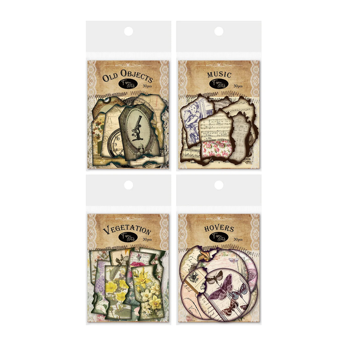 autocollants vintage étiquettes décoratives motifs floraux rubans boutons blanc marron beige instruments musicaux