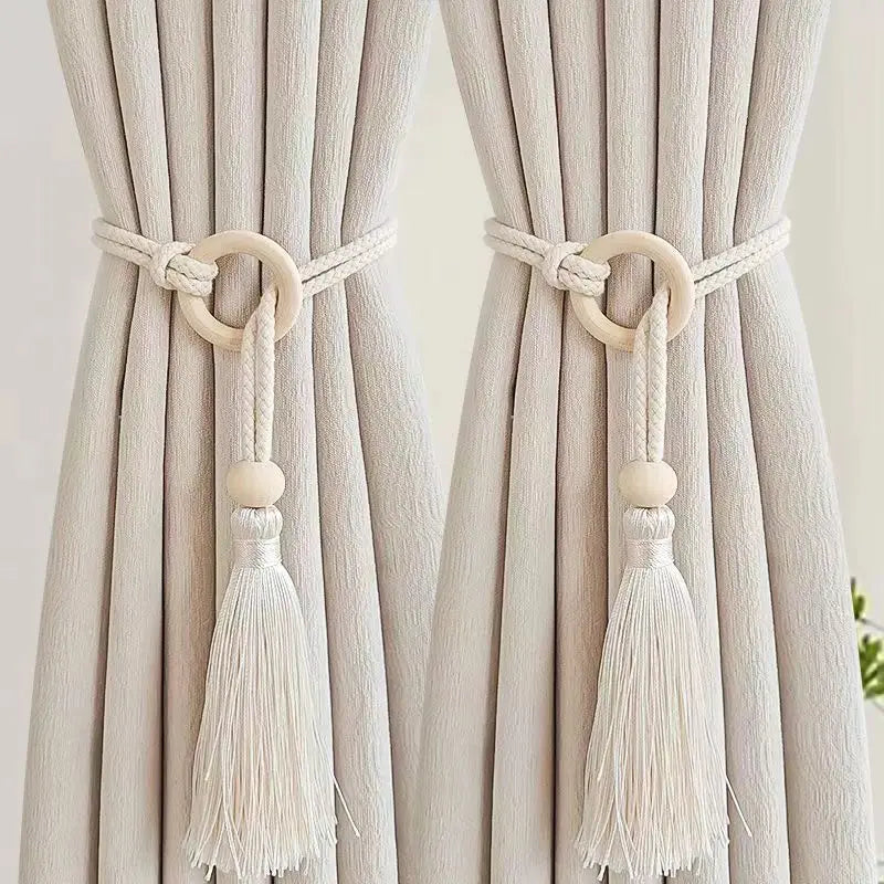 boucles rideau boho chic bois franges coton beige clair anneaux métalliques