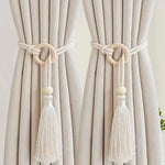 boucles rideau boho chic bois franges coton beige clair anneaux métalliques