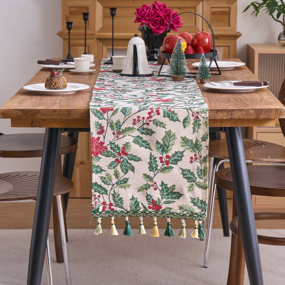 chinois table vintage feuilles houx baies rouges tasseaux classique festif polyester coton