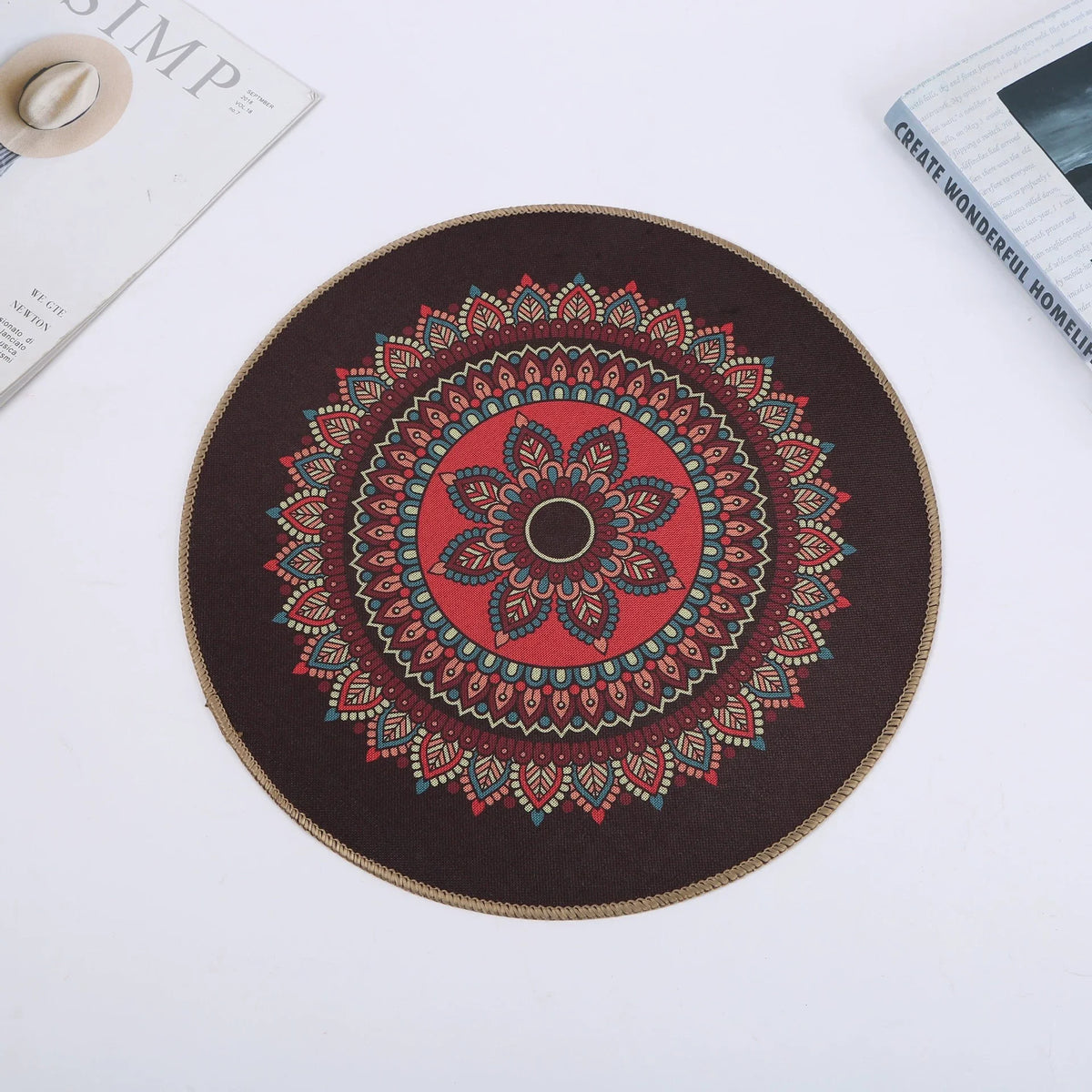 tapis table rond mandala boho chic bleu marine beige tissé imperméable résistant chaleur