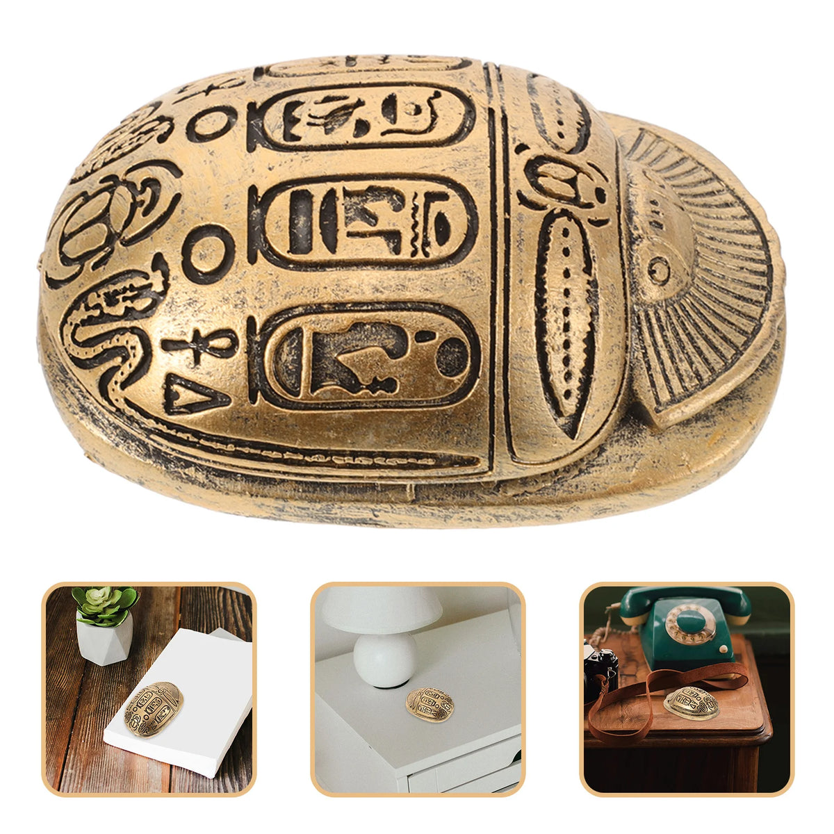 figurine égyptienne ancienne scarabée doré gravé décoration intérieure réplique antique hiéroglyphes résine éléganceambre