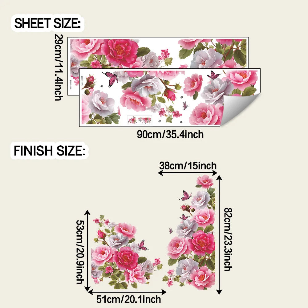 autocollants muraux fleurs pivoine papillons decoration murale rose blanc vert floral