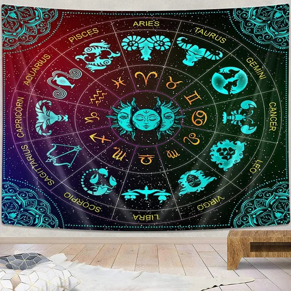 tapis mural décoration astrologie signes zodiaque soleil motifs floraux bohème psychédéliqueintérieur rouge violet bleu