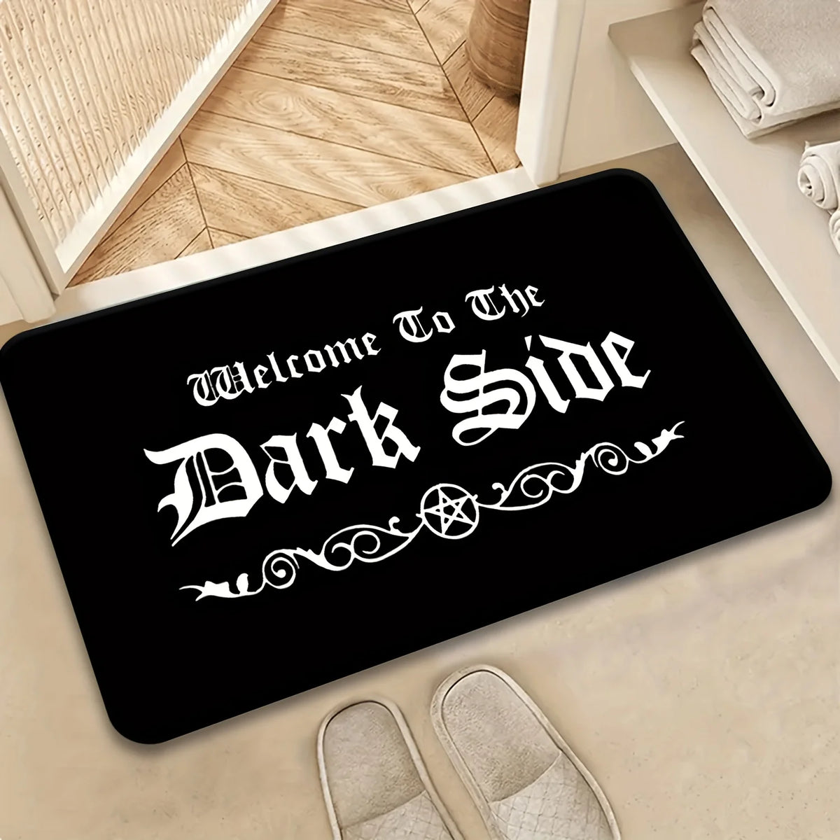 tapis sol antidérapant welcome dark side gothique humoristique noir blanc pentagramme