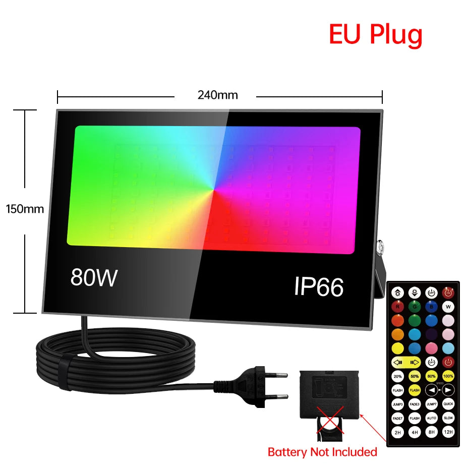 projecteur led rgb ip66 étanche extérieur télécommande réglage luminosité noir moderne