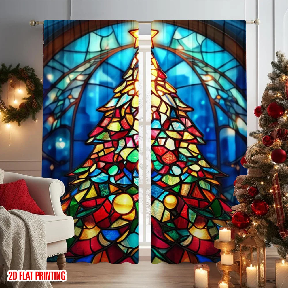 rideau multicolore arbre noël motifs géométriques moderne opacité polyester deux panneaux
