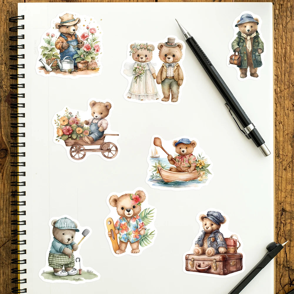 sticker illustratif teddy bear multicolore scène pêche jardinage voyage adhésif waterproof moderne scrapbooking journal