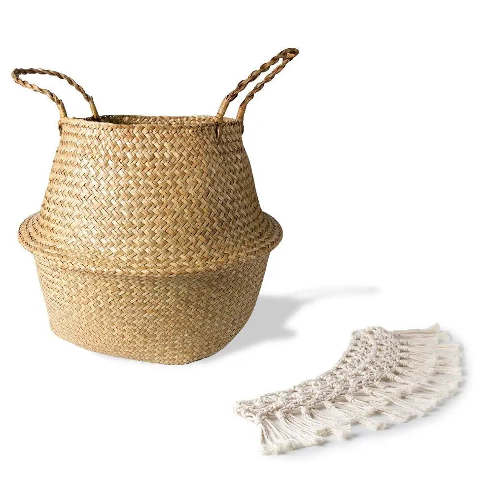 panier tressé macramé naturel blanc boho rangement stockage respectueux environnement franges poignées corde