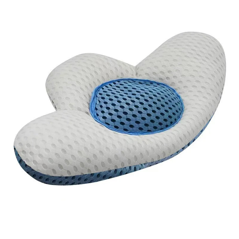 coussin ergonomique gris bleu perforations géométriques contemporain confortable concave massage refroidissement voyage lit
