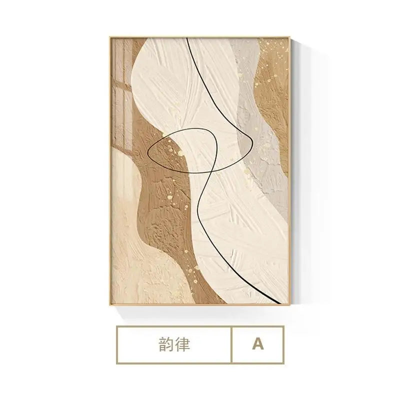 tableau abstrait moderne minimaliste toile points dorés lignes courbes beige blanc noirintérieur décoration chambre