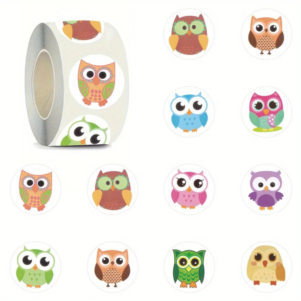 stickers autocollants hibou dessin animé vert bleu rose marron 10 motifs différents 2.4cm
