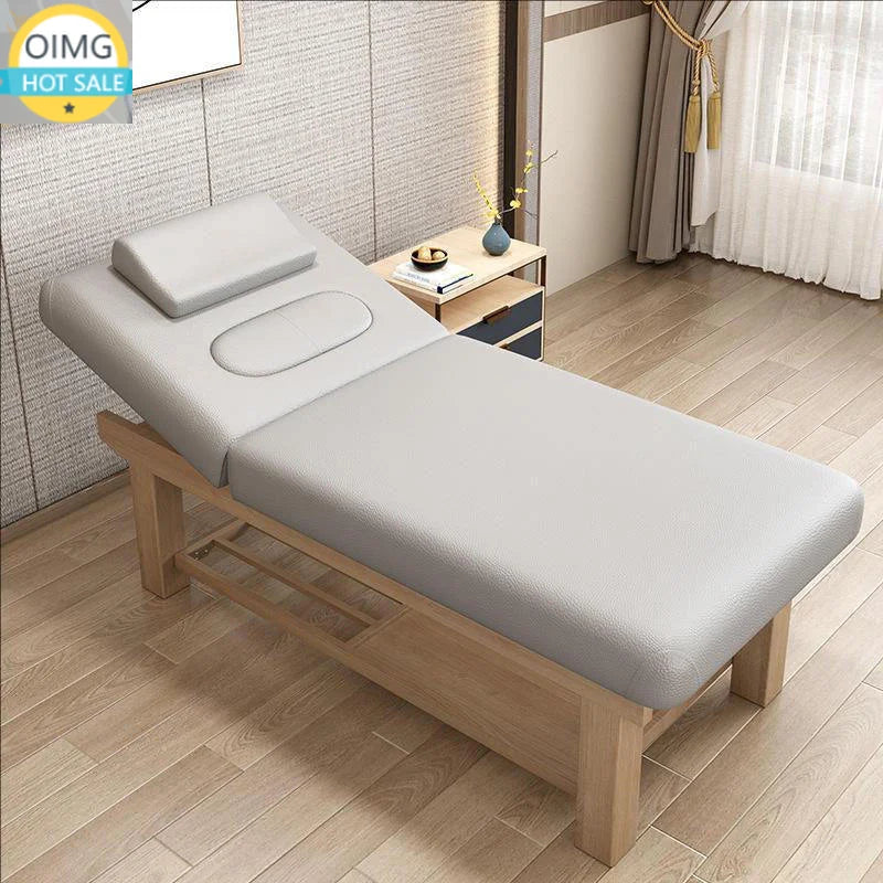 table massage professionnelle simili cuir structure bois moderne marron gris beige étagères rangement tiroirs