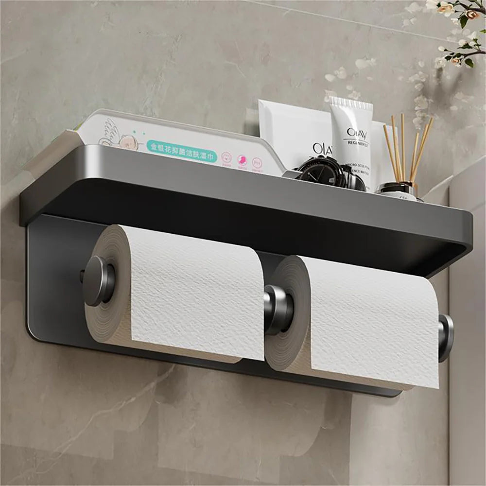 porte serviettes moderne porte papier toilette étagère rangement aluminium gris salle bain adhésif minimaliste