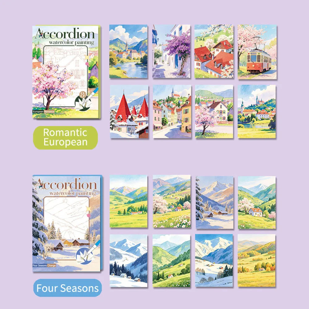 livre art aquarelle coloriage scènes urbaines nature roses blancs illustrations pages opaques peintures brosses