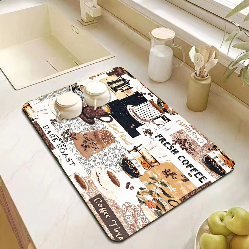 tapis cuisine moderne motifs tasses texture bois beige marron noir