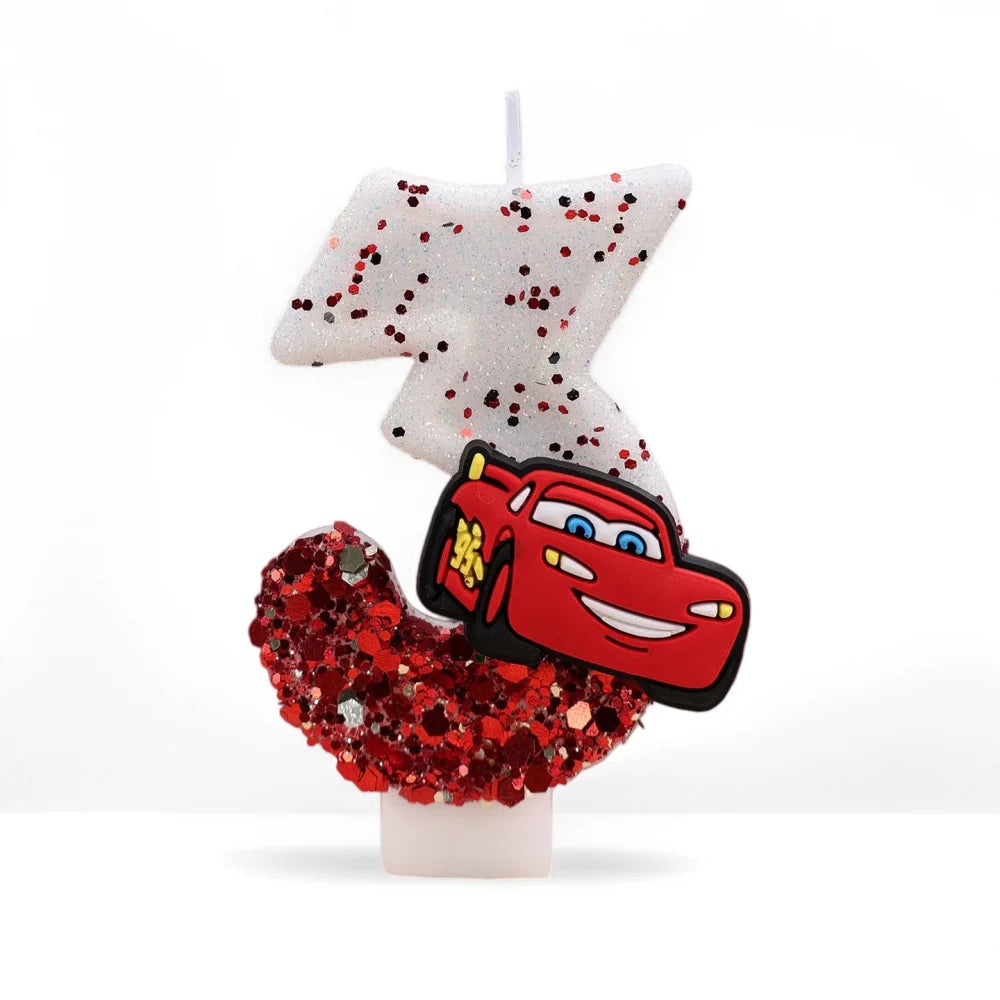 bougies anniversaire forme chiffre sequins motif voiture blanc rouge noir