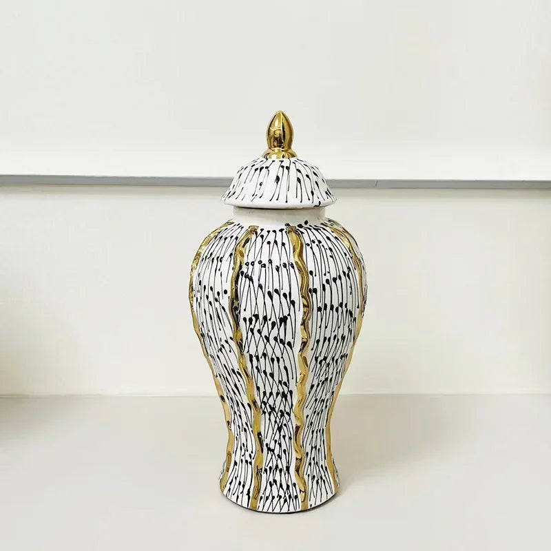 vase géométrique pois bordure dorée blanc noir intérieur élégant classique deco fleur pot gingembre